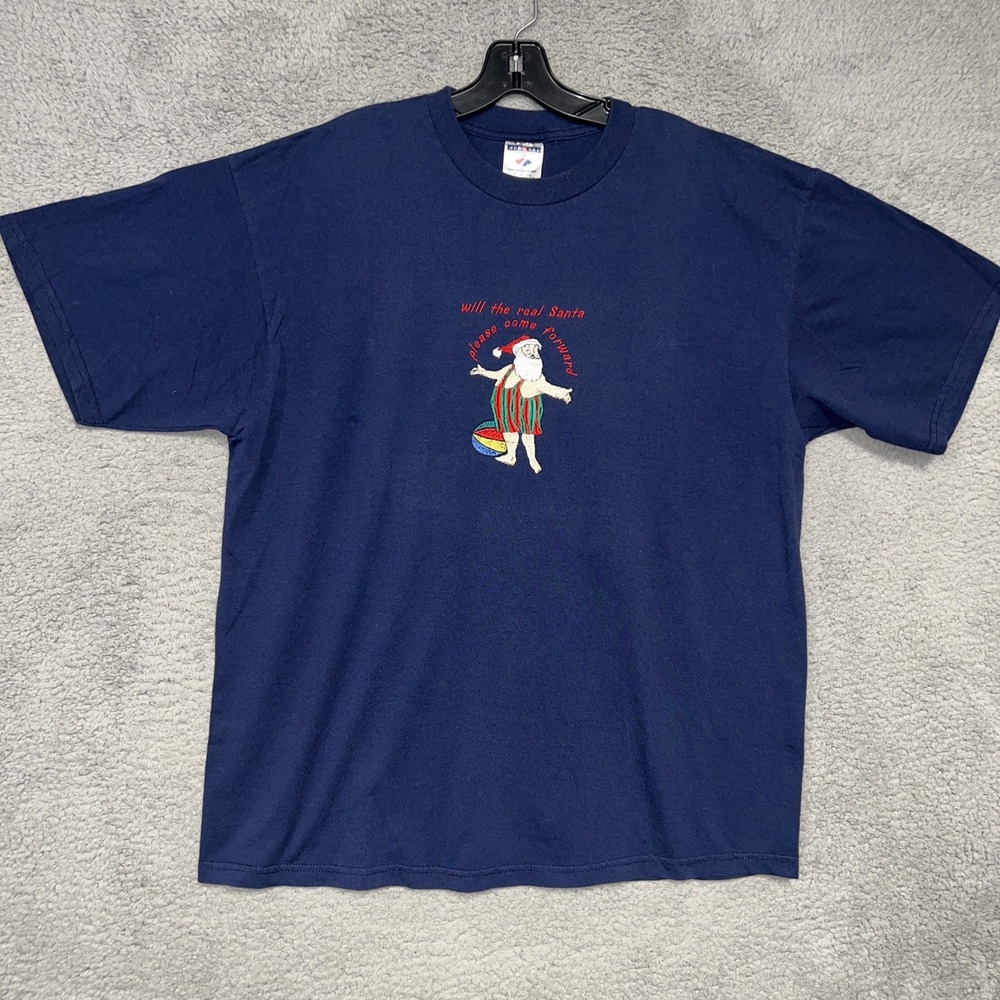 VTG Will The Real Santa T Shirt Men's XL Blue X-Mas Beach Embroidered Logo Tee